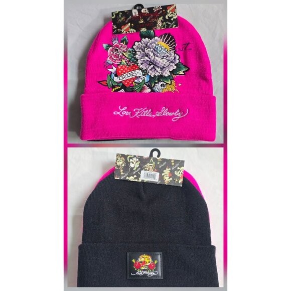 Ed Hardy Set of 2 Womens Beanie Hats One Size Rose Skull Sequins Pink Black NEW - Picture 1 of 6